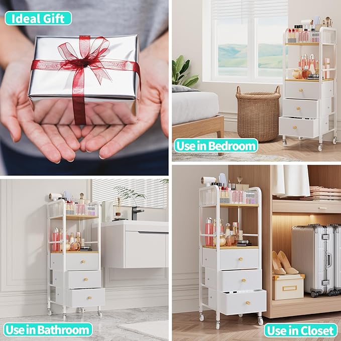 HapiRm Rolling Makeup Cart Organizer - Floor Skincare Make Up Storage with 3 Drawers, Vanity Organizer Cosmetic Display Cases Holder for Skin Care Perfume Nail Polish Brush Hair Tool-Velvo Beauty