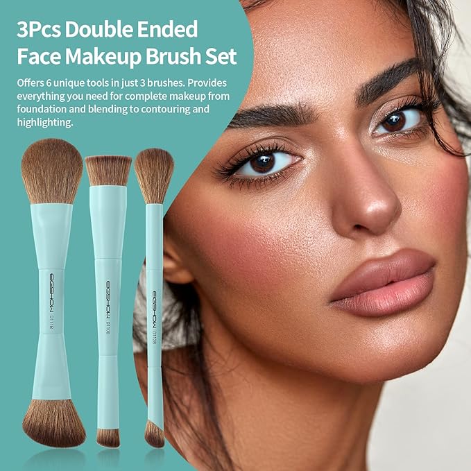 EIGSHOW Makeup Brush Set, 3Pcs Dual Ended Face Makeup Brushes for Foundation Powder Contour Highlight Concealer Nose Shadow, Travel Gift Set (Cyan)-Velvo Beauty