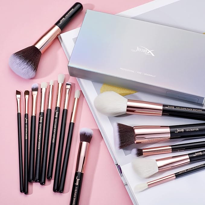 Jessup Makeup Brushes, Labeled Makeup Brush Set Premium Synthetic and Natural Hair Foundation Powder Concealer Eyeshadow Blending 15pcs Brush Kit, Rose Gold/Black T160-Velvo Beauty