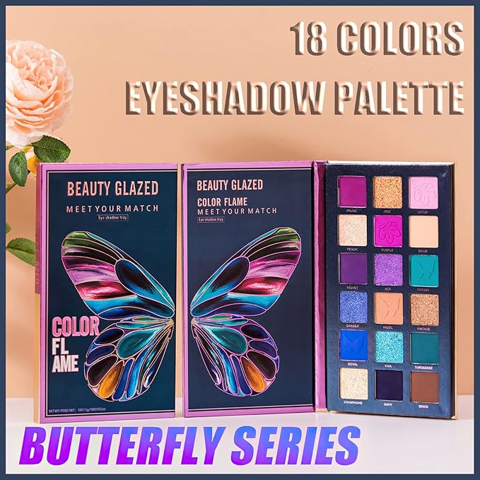 18 Colors Eyeshadow Palette, Butterfly Series Highly Pigmented Eye Makeup Palette, Matte Shimmer Metallic Powder Eyeshadow Pallet, Makeup Palette Cosmetics Gift, 110-Velvo Beauty