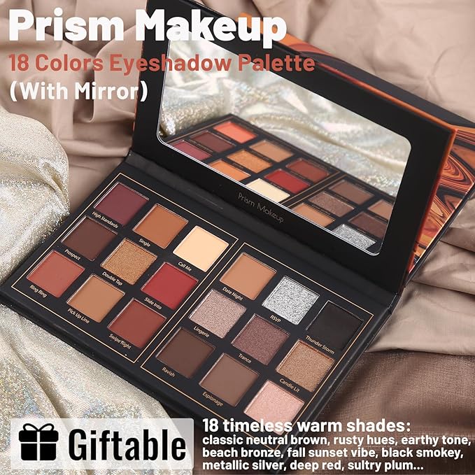 Prism Makeup Matte Eyeshadow Palette Pro 18 Colors Pigmented Shimmer Glitter Eye Shadow Palette, Long Lasting Waterproof Smokey Powder Cosmetics Halloween Makeup Kit (01# Seductress)-Velvo Beauty