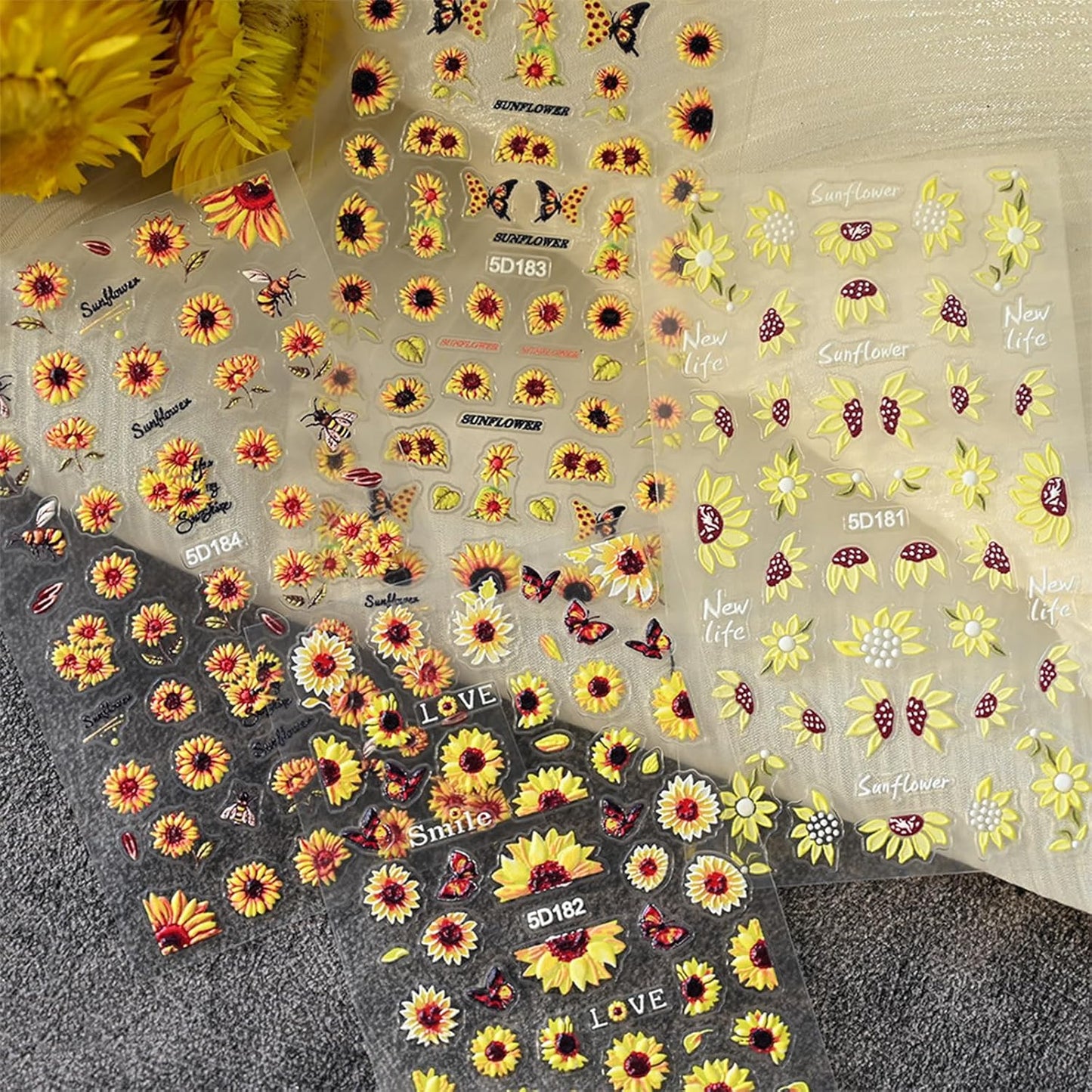 4 Sheets 5D Flower Nail Art Stickers Embossed Nail Decals Autumn Nails Art Design 3D Self-Adhesive Sunflowers Yellow Flower Nails Stickers for Women DIY Decoration-Velvo Beauty