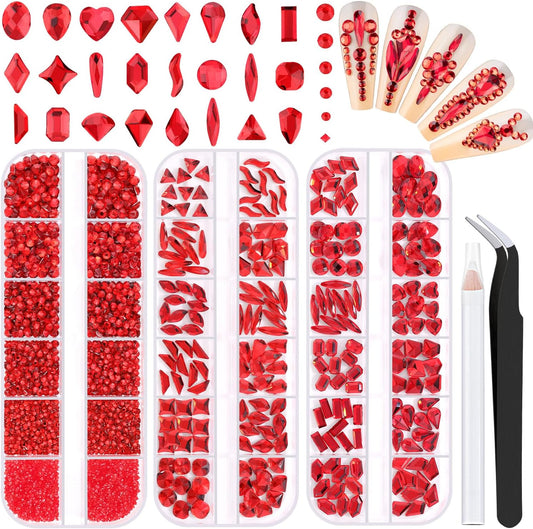 2750Pcs Red Glass Nail Rhinestones 240Pcs Multi Shapes Flatback Nail Gems + 2510Pcs 1.5-4mm Round Crystal, Manicure Nail Charms Diamond Gemstones for Acrylic Nails Decoration-Velvo Beauty
