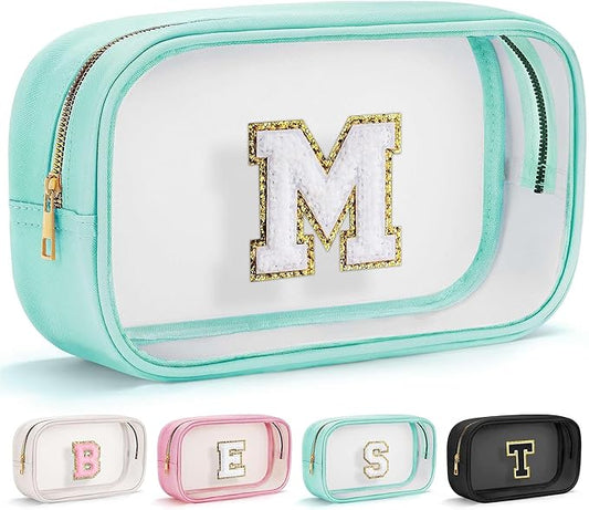 YOOLIFE Initial Make Up Bag Travel Toiletry Bag, Clear Makeup Bags Preppy Cosmetic Bags Organizer Travel Essentials Gifts for Women Teen Girlfriend Teacher Mom Birthday Girl Gift Makeup Case Blue M-Velvo Beauty