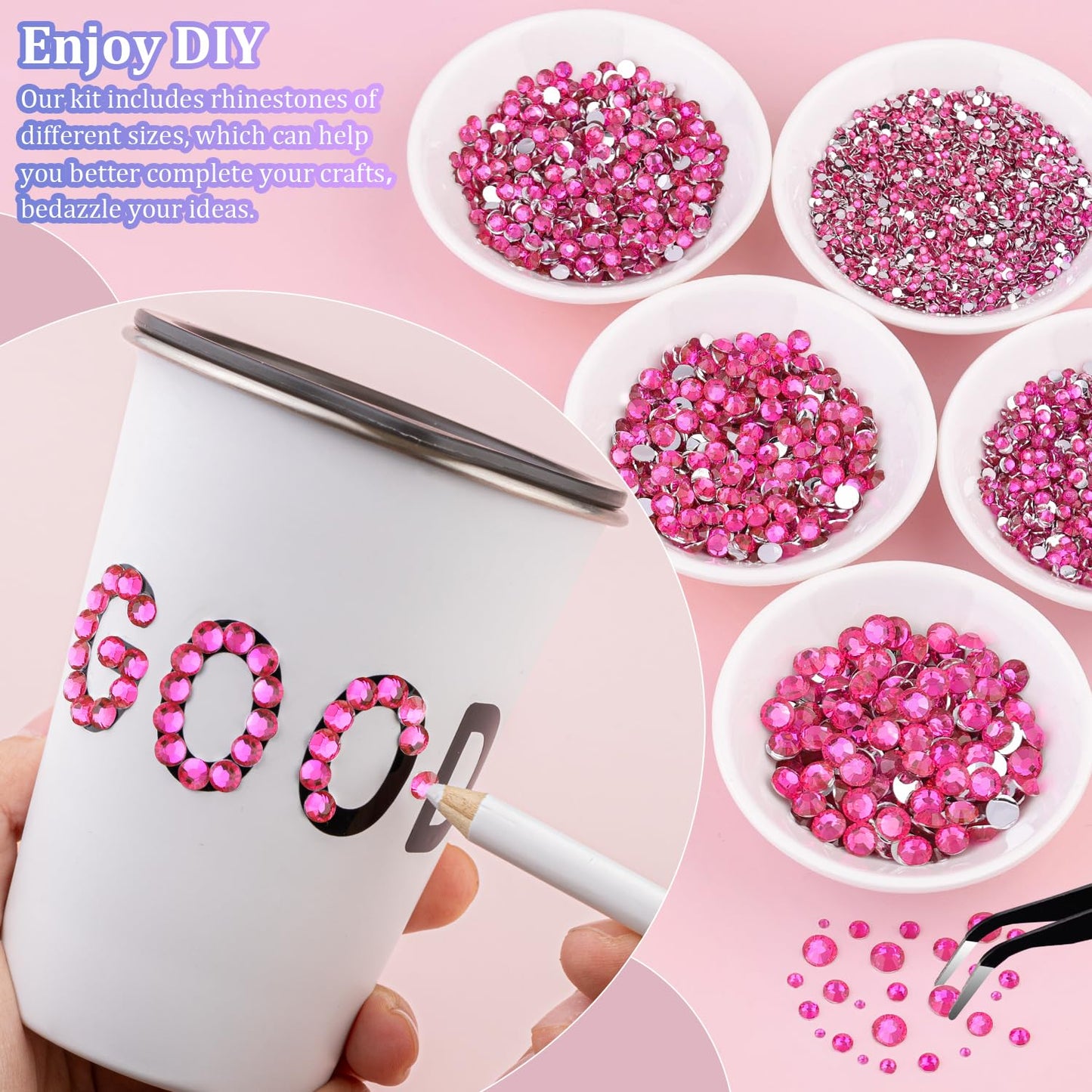 25000Pcs Resin Rhinestones with Tweezers for Crafting, Hot Pink 2-6mm Mixed Sizes Non Hotfix Flatback Gems, Bedazzling Crystal for DIY Craft Clothing Mugs Tumblers Shoes Fabric Decor Nail Art-Velvo Beauty