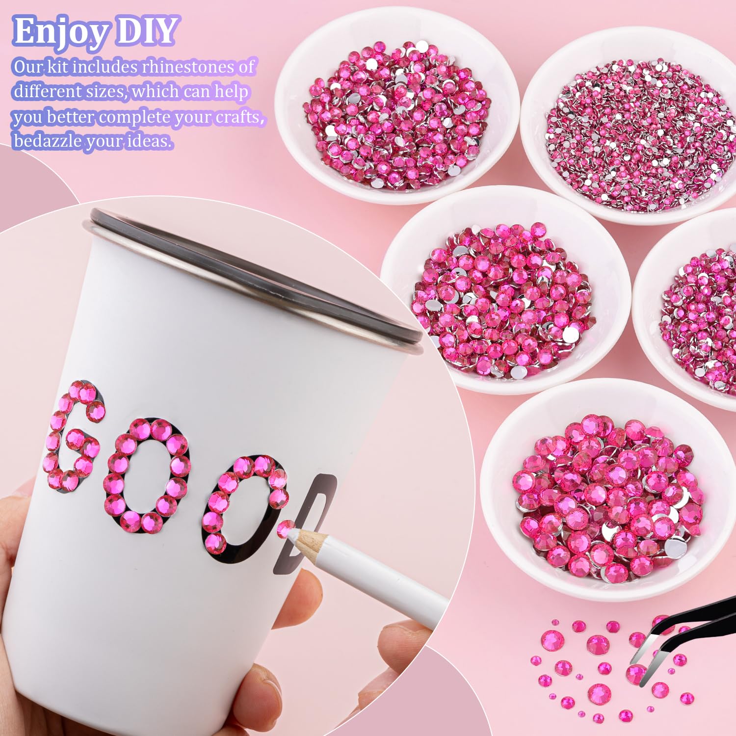 25000Pcs Resin Rhinestones with Tweezers for Crafting, Hot Pink 2-6mm Mixed Sizes Non Hotfix Flatback Gems, Bedazzling Crystal for DIY Craft Clothing Mugs Tumblers Shoes Fabric Decor Nail Art-Velvo Beauty