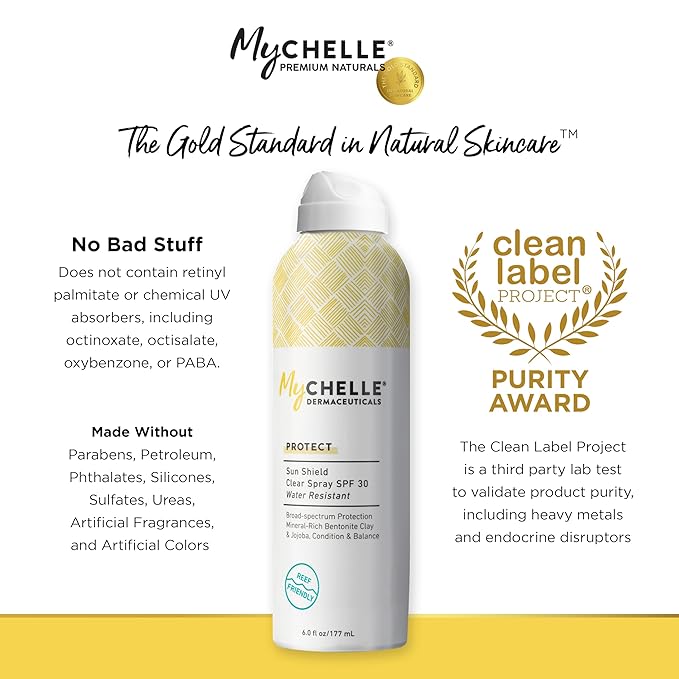 MyChelle Dermaceuticals Sun Shield Clear Spray SPF 30 (6 Fl Oz) - Liquid Zinc Sunscreen Spray with Bentonite Clay and Jojoba - Balances Oil Levels and Conditions Skin - Water Resistant for 80 Minutes-Velvo Beauty