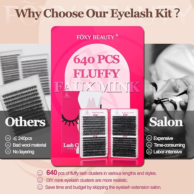 Lash Clusters 640PCS - Natural Fluffy Lash Clusters 40D+60D+80D+100D Fluffy Wispy Lash Clusters D Curl Lash Extension 11-18MM Individual Lash Clusters Cluster Eyelash Extensions for Beginners-Velvo Beauty