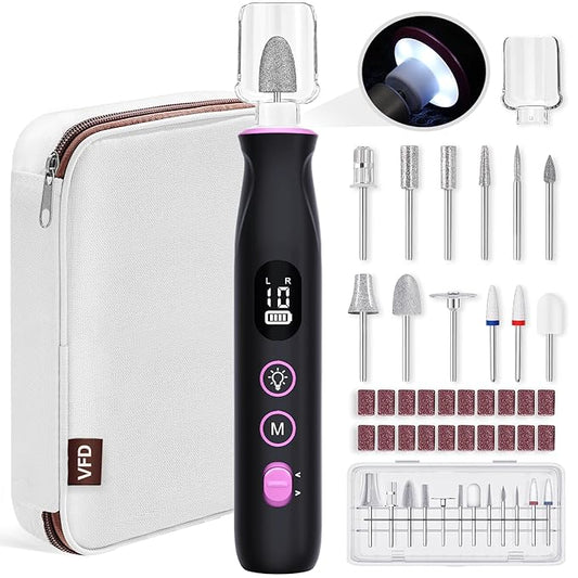 Electric Nail Drill, Cordless 2000 mAh Rechargeable Portable Nail File 12 in 1 Kit for Thick Toenails, 10 Speeds Nail Dril Machine Professional Manicure Pedicure for Hand Natural Nails Care (Black)-Velvo Beauty