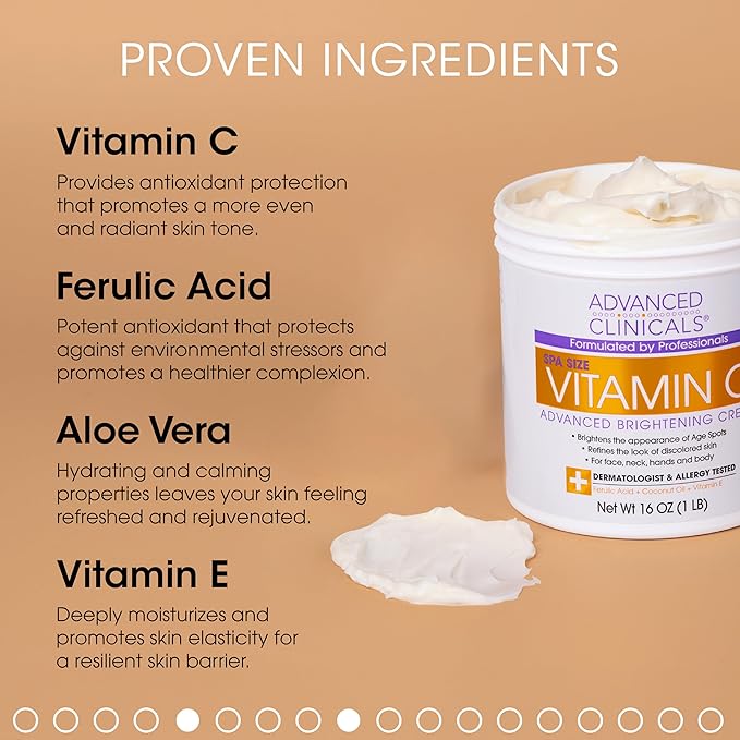Advanced Clinicals Vitamin C Cream Face & Body Lotion Moisturizer | Anti Aging Skin Care Firming & Brightening Cream For Body, Face, Uneven Skin Tone, Wrinkles, & Sun Damaged Dry Skin, 16 Oz-Velvo Beauty
