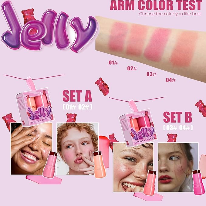 2 Pcs Milk Jelly Blush, Milk Cooling Water Jelly Tint, Vivid Color Water Jelly Tint Milk Blush, Sheer Eye Lip & Cheek Stick Stain, Long Wearing, Watercolor Finish Lip Gloss for Women, 01&02-Velvo Beauty
