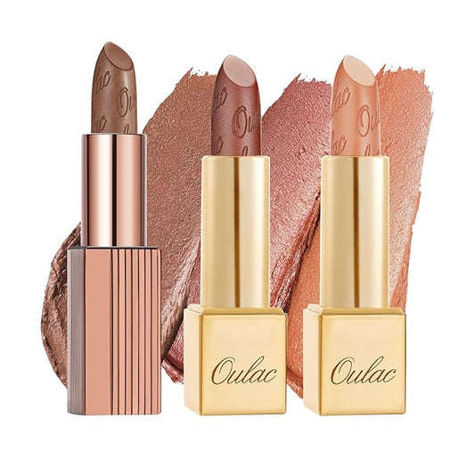 Oulac Metallic Brown Lipstick Set 3PCS, Comfortable Creamy Texture, Smooth No Grainy Feeling, Vegan & Gluten Free, Full-Coverage Lip Makeup, 3 X 4.3 g, 604+24+GM10-Velvo Beauty