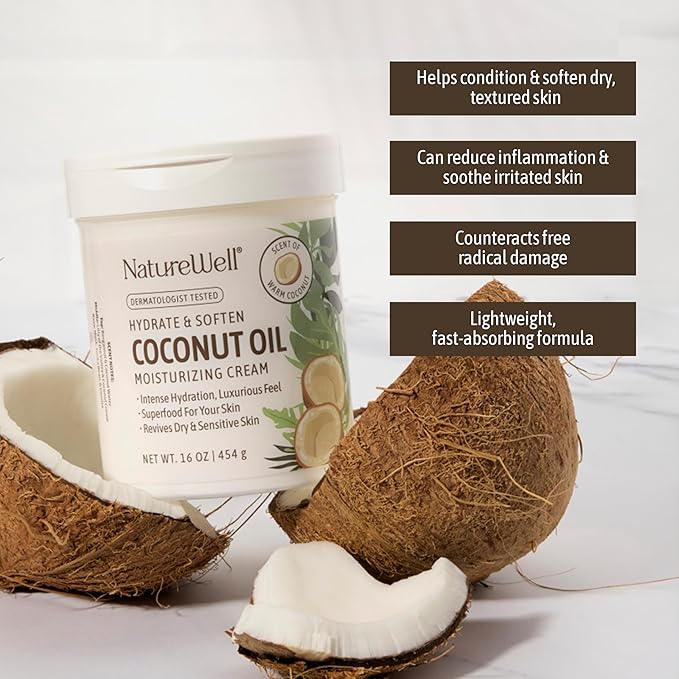 NATURE WELL Hydrate & Soften Coconut Oil Moisturizing Cream for Face, Body, & Hands, Non-Greasy, Intense Hydration & Luxurious Feel, Revives Dry & Sensitive Skin, Superfood for Your Skin, 16 Oz-Velvo Beauty