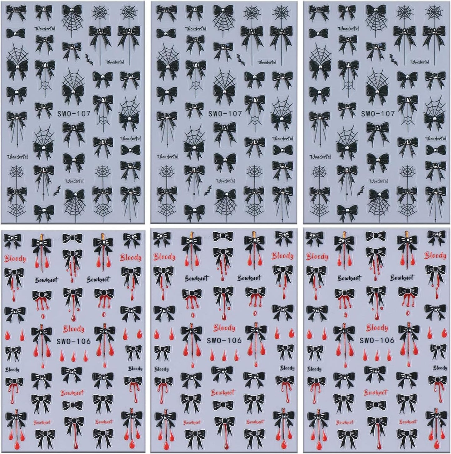 6 Sheets Halloween Nail Art Stickers 3D Self -Adhesive Black Bow Spider Web Nail Decals Holographic Bat Blood Drops Nail Stickers Halloween Nail Decoration for Women Manicure Supplies-Velvo Beauty