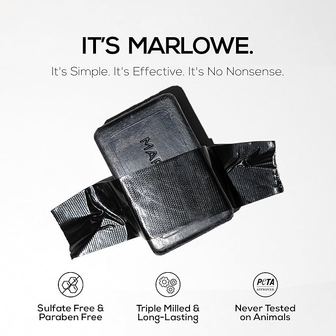 MARLOWE. No. 106 Charcoal Soap 7 oz, Body Bar Soap for Men, Cleansing, Purifying & Hydrating with Natural Extracts, Shea Butter, Olive Oil & Green Tea Extracts, Fresh Woodsy Scent-Velvo Beauty