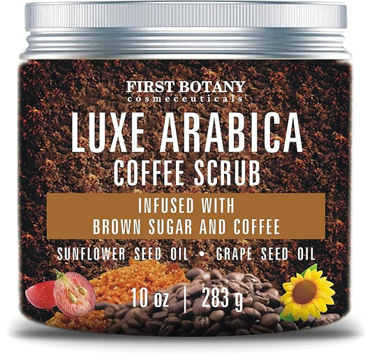 First Botany Body Scrub - Natural Exfoliating Sugar Scrub & Body and Face Souffle helps with Moisturizing Skin, Acne, Cellulite, Dead Skin Scars, Wrinkles (10 fl oz, Brown Sugar + Coffee)-Velvo Beauty