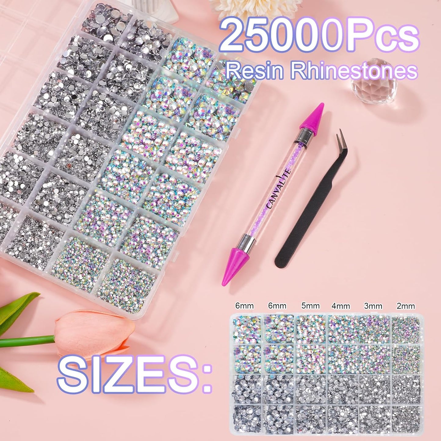 Canvalite 25000PCS Resin Jelly Rhinestones for Crafting,Clear AB Flatback Gems, Bedazzling Crystal with 5 X 2.5g B7000 Jewelry Glue and Tweezers and Dotting Pen for DIY Crafts Clothing Shoes Nail Art-Velvo Beauty