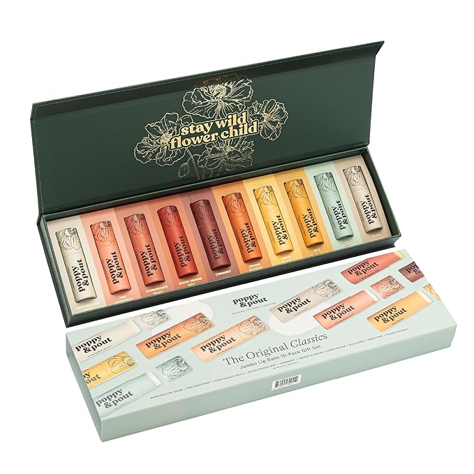 Jumbo Lip Balm Gift Set (10-Pack) | Poppy & Pout All Natural Lip Balms & Moisturizers | Hydrates with Beeswax, Vitamin E, Organic Coconut Oil | Cruelty-Free | Lip Balm in Recyclable Cardboard Tube-Velvo Beauty
