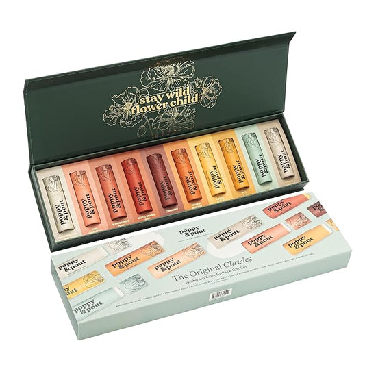 Jumbo Lip Balm Gift Set (10-Pack) | Poppy & Pout All Natural Lip Balms & Moisturizers | Hydrates with Beeswax, Vitamin E, Organic Coconut Oil | Cruelty-Free | Lip Balm in Recyclable Cardboard Tube-Velvo Beauty