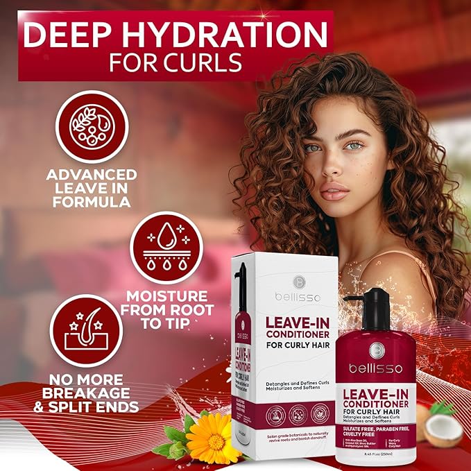 Leave in Conditioner for Curly Hair - Frizz Control for Women and Men - Restores Dry, Damaged and Wavy Hair - Detangler Cream and Sulfate Free Anti Static Moisturizer Treatment with Shea Butter-Velvo Beauty