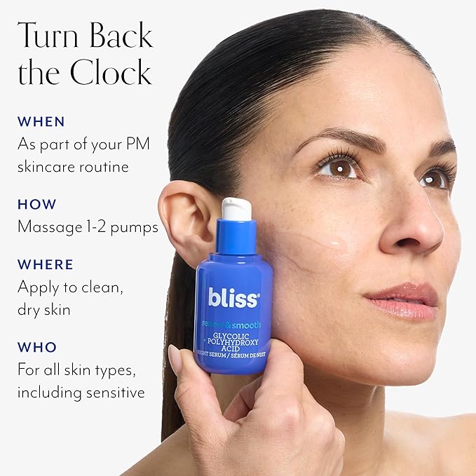 Bliss Glycolic + Polyhydroxy Acid Renew & Smooth - Night Serum - Gently Exfoliate Skin - Hydrating Squalane - Vegan & Cruelty-Free - 1 Fl Oz-Velvo Beauty