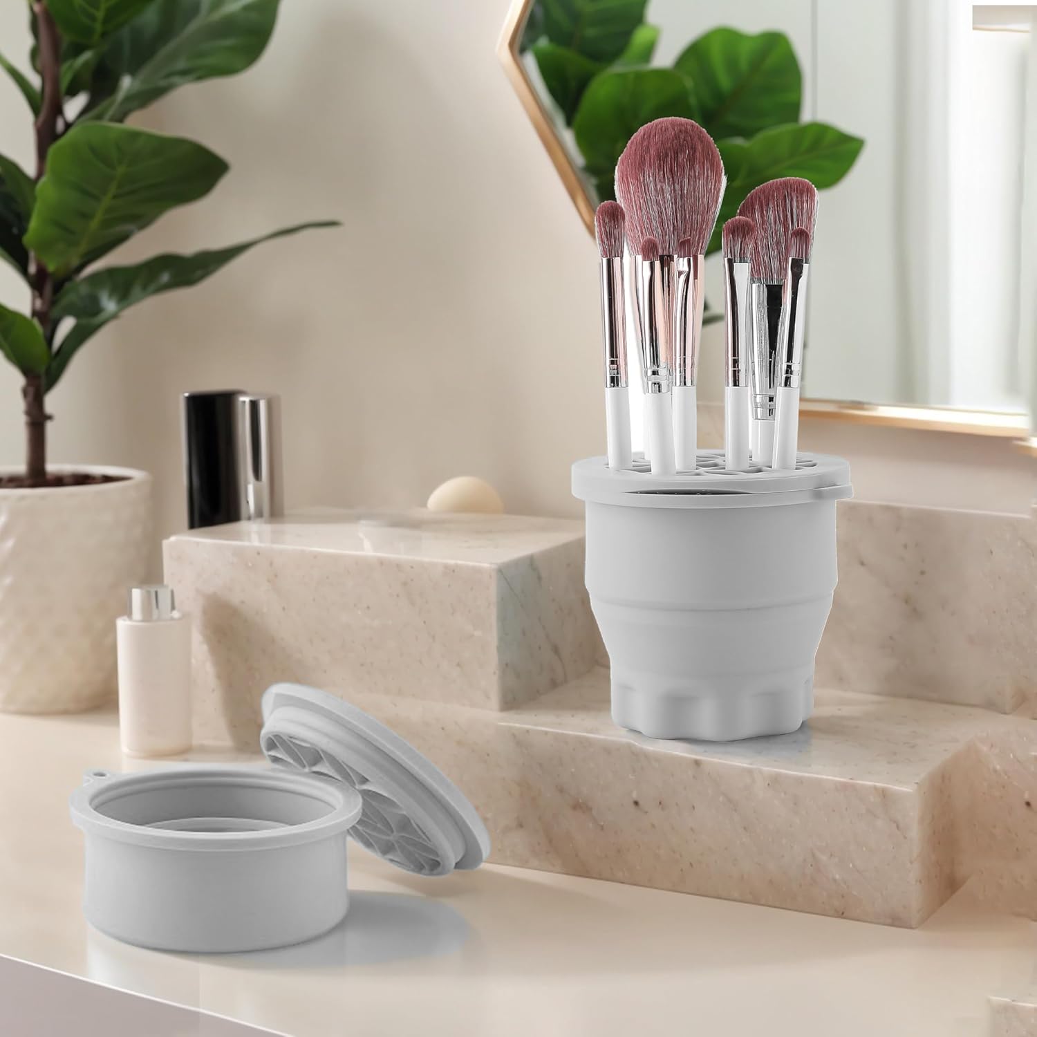 Makeup Brush Cleaner - Foldable Silicone Makeup Brush Cleaner Mat with Brush Storage Holder Makeup Brush Cleaning Bowl Cosmetic Brush Washing Tool for Cleaning Organizer and Drying (Grey)-Velvo Beauty