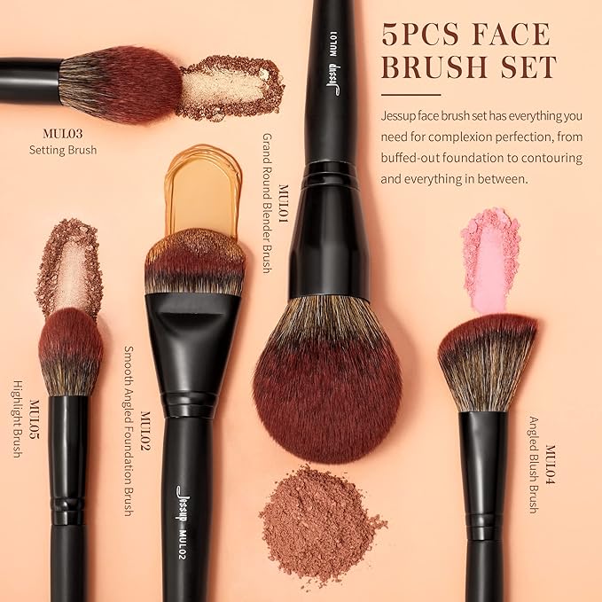 Jessup Large Face Makeup Brushes 5pcs, Premium Synthetic Foundation Powder Contour Blusher Highlighter Brush, Phantom Black T273-Velvo Beauty