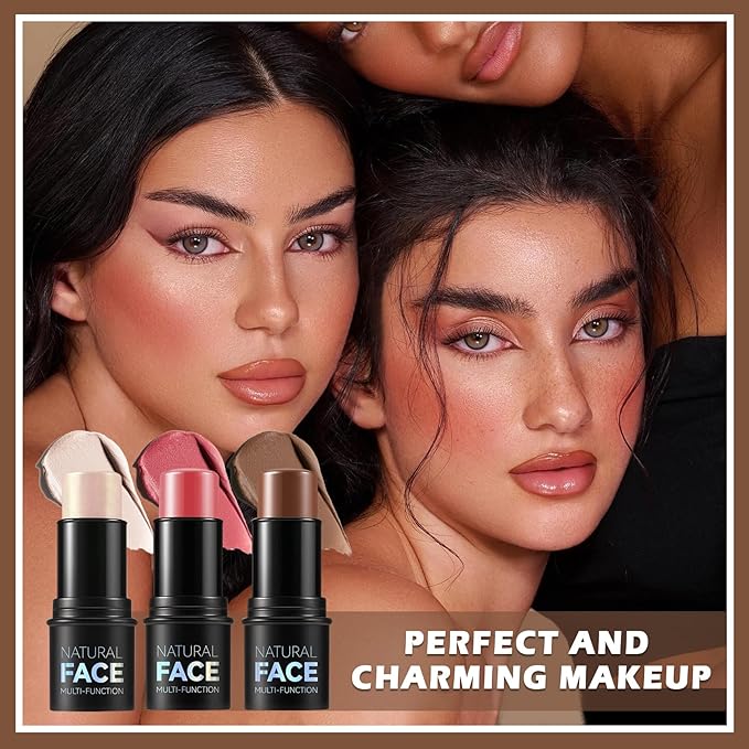 Highlighter Stick Cream Blush Stick Bronzer Contour Stick Makeup,3 PCS Cream Contour Kit with Contour Brush,Long Lasting & Professional Highlighters Makeup Stick for Beginner-Set B-Velvo Beauty