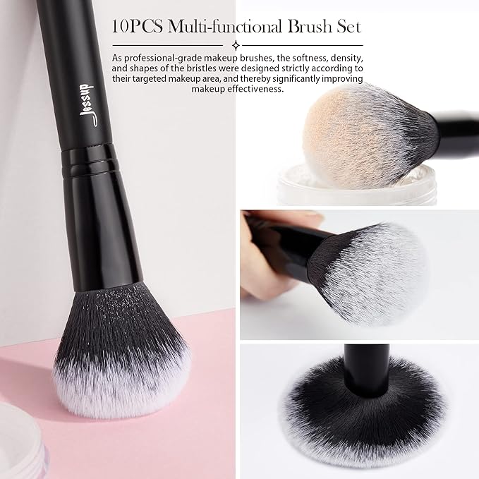 Jessup Makeup Brush Set 10pcs Black Make up Brushes Set Professional with Natural Synthetic Hair for Foundation Blending Blush Concealer Eyeshadow Eyebrow Eyeliner, T323-Velvo Beauty
