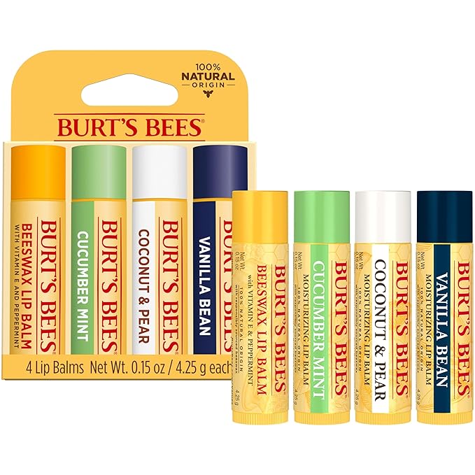 Burt's Bees Lip Balm - Beeswax, Cucumber Mint, Coconut & Pear, and Vanilla Bean Pack, With Responsibly Sourced Beeswax, Tint-Free, Natural Origin Lip Treatment, 4 Tubes, 0.15 oz.-Velvo Beauty