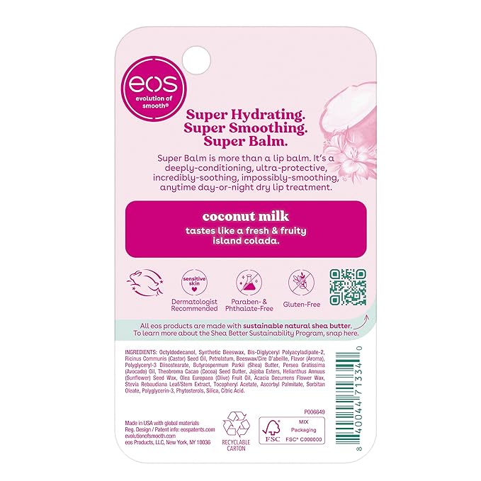 eos 24H Moisture Super Balm- Coconut Milk, Lip Mask, Day or Night Lip Treatment, Made for Sensitive Skin, 0.35 fl oz-Velvo Beauty