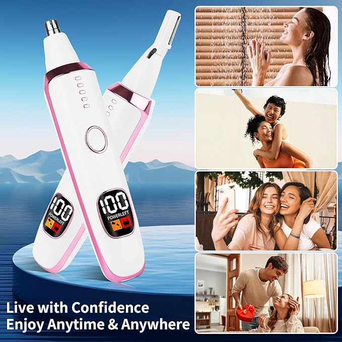 2025 Rechargeable Nose and Ear Hair Trimmer With LED Dispaly for Women Men,4 in 1 Painless Eyebrow & Facial Hair Trimmer with Powerful Motor,Ladies Wet & Dry Electric Razor for Travel (Pink)-Velvo Beauty