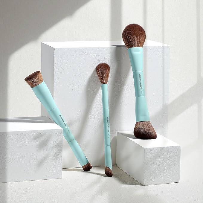 EIGSHOW Makeup Brush Set, 3Pcs Dual Ended Face Makeup Brushes for Foundation Powder Contour Highlight Concealer Nose Shadow, Travel Gift Set (Cyan)-Velvo Beauty