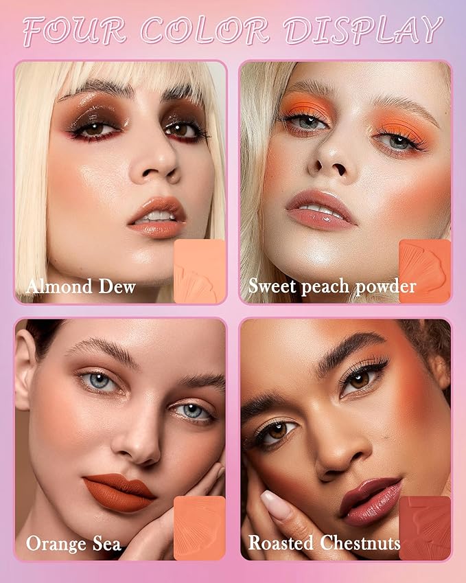 Matte Face Blush Palette Kit with Brush-4 Colors Pink Purple Orange Silky Mineral Blendable Blusher Contour Powder for Cheeks,Longlasting Professional Facial Beauty Makeup Gift for Women Girl-Set 02-Velvo Beauty