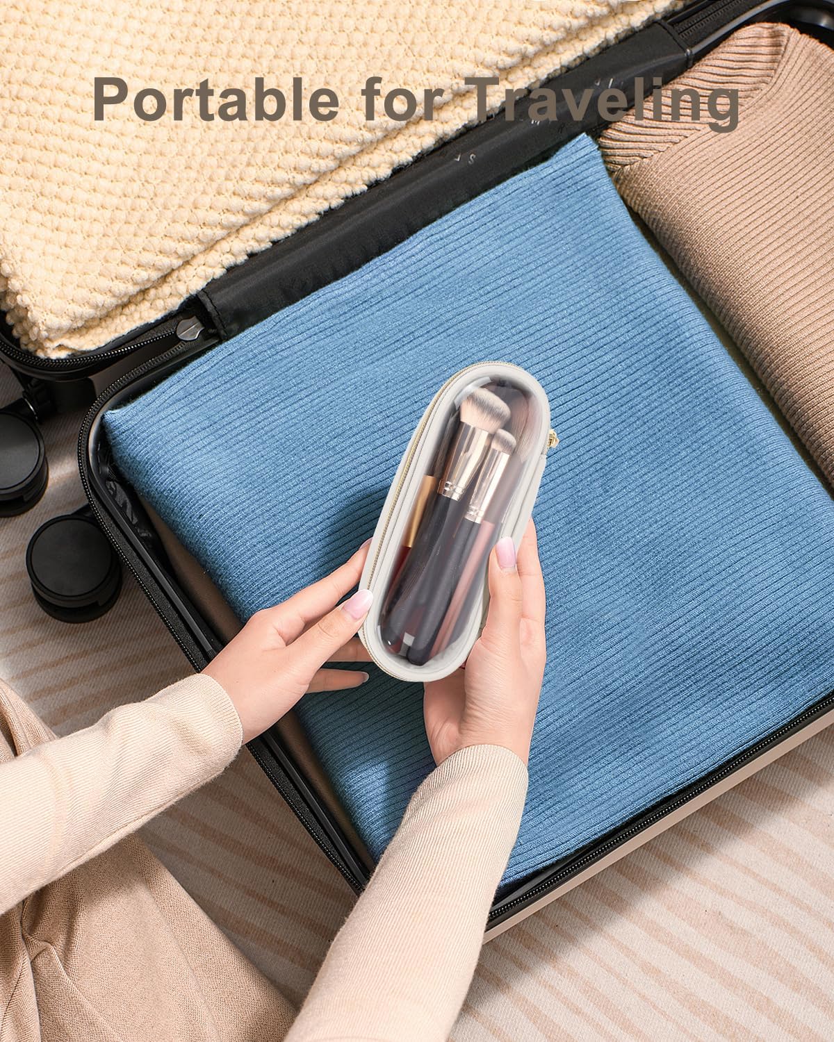 Clear Travel Makeup Brush Holder, Leather Makeup Brush Toiletry Bag, Portable Cosmetic Brush Case, Transparent Waterproof Makeup Brush Storage Bag, White-Velvo Beauty