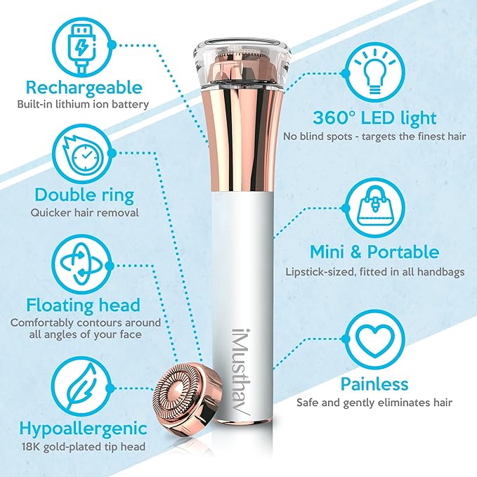 Facial Hair Remover for Women Painless Flawless Electric Razor Epilator Trimmer Shaver with 18K Gold-Plated, 16mm Dual Ring Floating Head, USB Rechargeable, 360° LED for Face Lip Hair Removal-Velvo Beauty