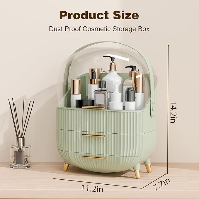 Makeup Organizers and Storage, Make up Organizer for Vanity Cosmetics Skincare Organizers With Lid and Drawers Display Cases for Countertop(Light Green)-Velvo Beauty