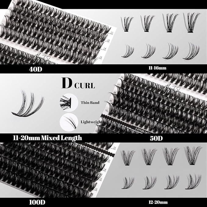 DIY Lash Extensions Kit 320pcs Individual Lashes Clusters 40D 50D 100D D Curl Eyelash Extension Kit with Applicator and Lash Bond&Seal, Lash Remover For False Eyelash Mix 11-20mm (40D+50D+100D KIT)-Velvo Beauty