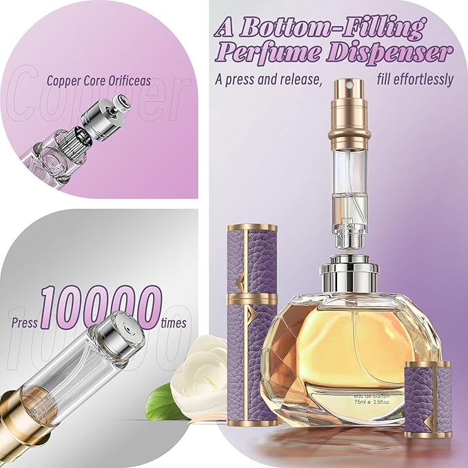Perfume Travel Refillable Bottle,Genuine Leather Bottom-Filling Fragrances Perfume Atomizer,Mini Cologne Dispenser,Portable Sprayer Pocket Size for Cruise Car Trip Purse Gift 5ml (Purple)-Velvo Beauty