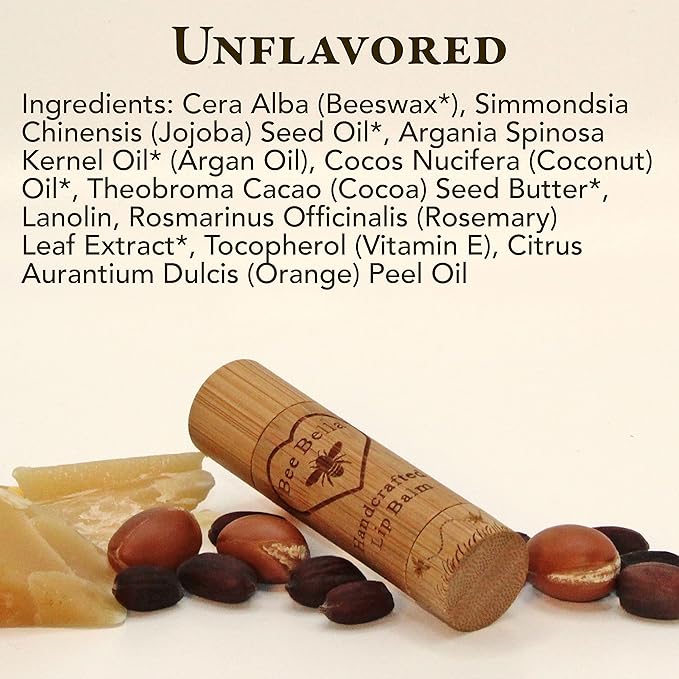 Bee Bella Lip Balm, Unscented (Unflavored), 3 Pack - Hydrating, Moisturizing Lip Care, 100% Natural, Original Organic Beeswax with Vitamin E, Handmade in USA-Velvo Beauty