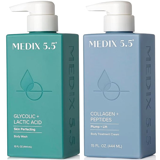 Medix 5.5 Exfoliating AHA Glycolic Acid Face & Body Scrub Cleanser + Collagen Moisturizing Body Cream Lotion Skin Care 2PC Set | Alpha Hydroxy Acid & Lactic Acid Foaming Body Wash & Face Wash, 2-PC-Velvo Beauty