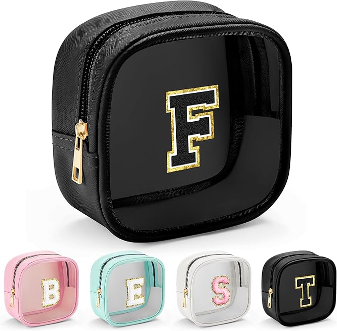 YOOLIFE Initial Makeup Bag Travel Toiletry Bag, Clear Makeup Bag Car Accessories For Women Clear Makeup Bags With Zipper Girlfriend Teacher 13 Year Old Girl Gifts Daughter Girl Gifts Mini Black F-Velvo Beauty