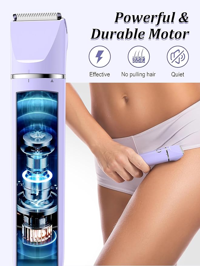 Bikini Trimmer and Shaver Kit for Women - 2-in-1 Wet/Dry Electric Body Hair Trimmer Facial Hair Removal Cordless Waterproof Bikini Shaver Razor for Face Lip Chin Pubic Underarm Legs (Purple)-Velvo Beauty