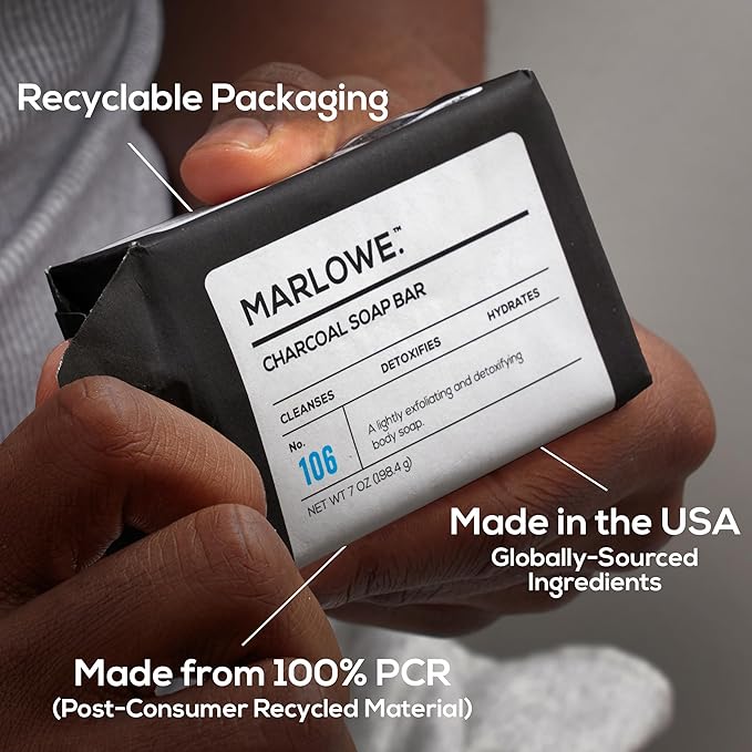 MARLOWE. No. 106 Charcoal Soap 7 oz, Body Bar Soap for Men, Cleansing, Purifying & Hydrating with Natural Extracts, Shea Butter, Olive Oil & Green Tea Extracts, Fresh Woodsy Scent-Velvo Beauty