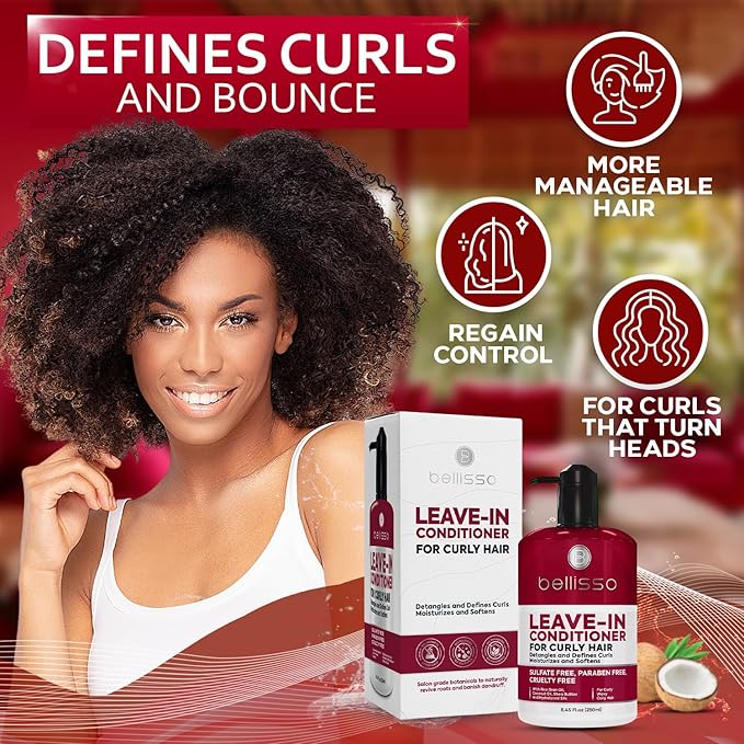 Leave in Conditioner for Curly Hair - Frizz Control for Women and Men - Restores Dry, Damaged and Wavy Hair - Detangler Cream and Sulfate Free Anti Static Moisturizer Treatment with Shea Butter-Velvo Beauty