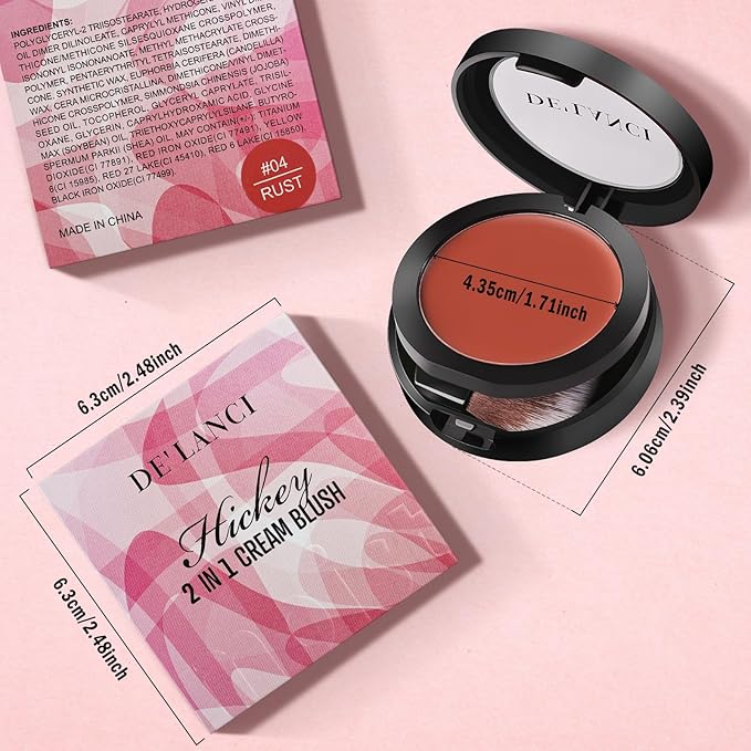 DE'LANCI 2 In 1 Cream Blush for Cheeks & Lips & Eyeshadow in a Waterproof Smooth Moisturizing Creamy Formula, Buildable Lightweight Red Blush Balm with Built-in Brush and Mirror, Easy to Use, Rust-Velvo Beauty