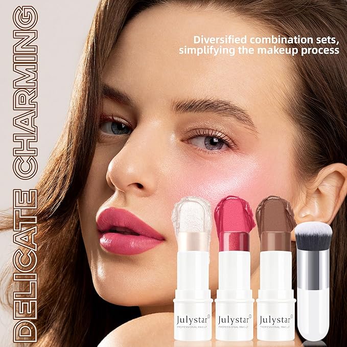 3Pcs Cream Contour Stick Makeup Set, Cream Bronzer Blush Highlighter Stick for Cheeks Eyes Lips, Long Lasting Waterproof Blendable Dewy Finish Face Stick Trio Wand for All Skin (1+3+6)-Velvo Beauty