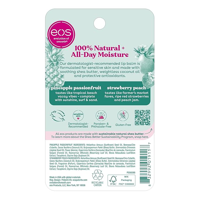 eos 100% Natural Lip Balm - Strawberry Peach and Pineapple Passionfruit, Dermatologist Recommended, All-Day Moisture, 0.14 oz, 2 Pack-Velvo Beauty