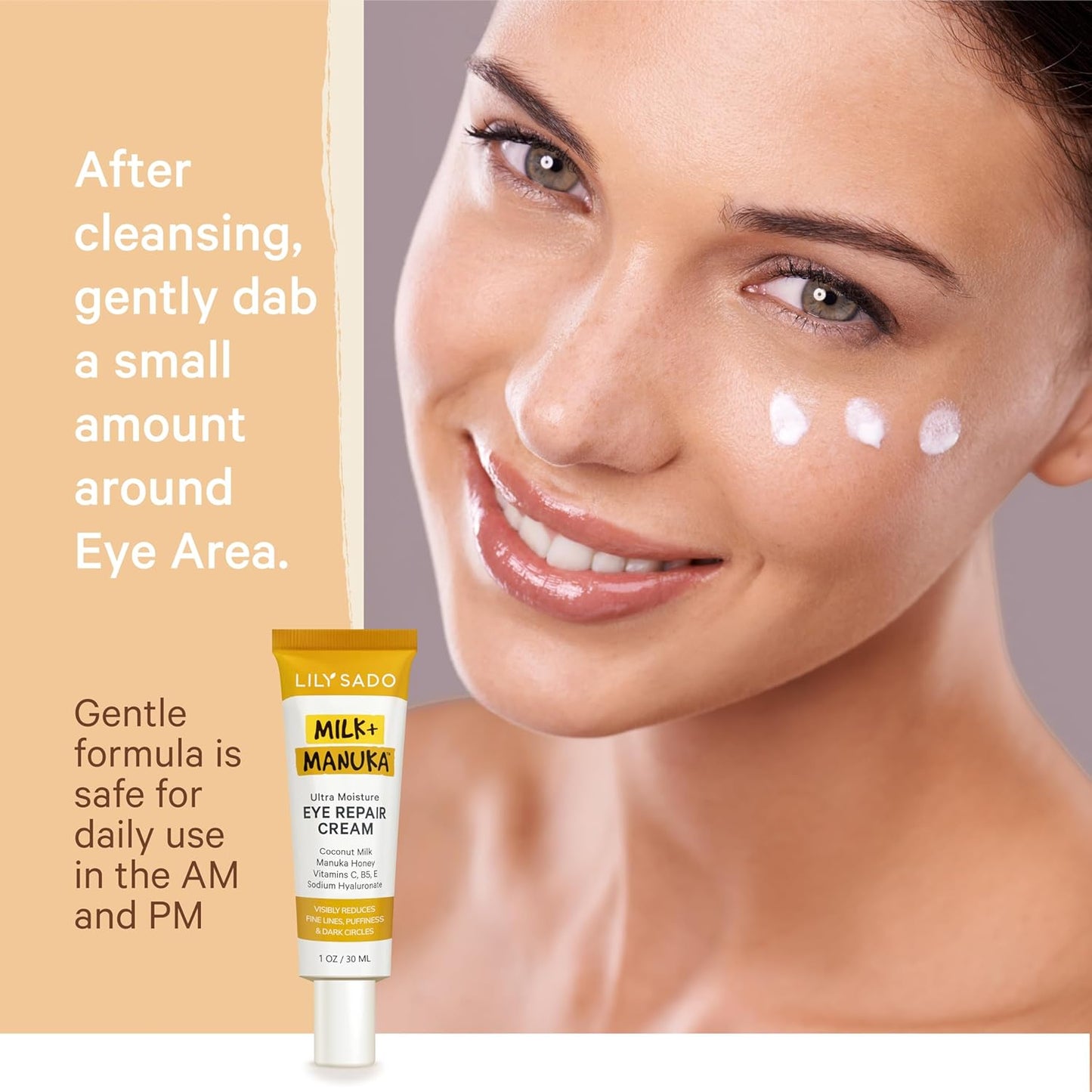 LILY SADO MILK+MANUKA™ Eye Repair Cream - Anti-Aging Natural Gentle Formula w/Coconut Milk, Manuka Honey, Sodium Hyaluronate & VITS C, B5 & E - Prevents Puffiness, Under-eye Wrinkles & Eye Bags - 1oz-Velvo Beauty