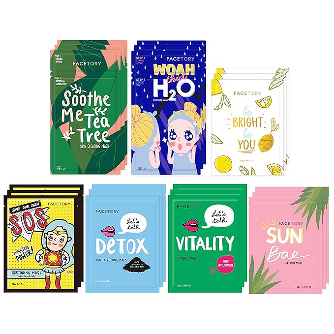 FACETORY K Beauty Face Mask Skin Care - BEST OF 7 COLLECTION Sheet Mask Set (21 pc) | Natural Premium Korean Face Mask For All Skin Types - No Sulfates No Parabens-Velvo Beauty